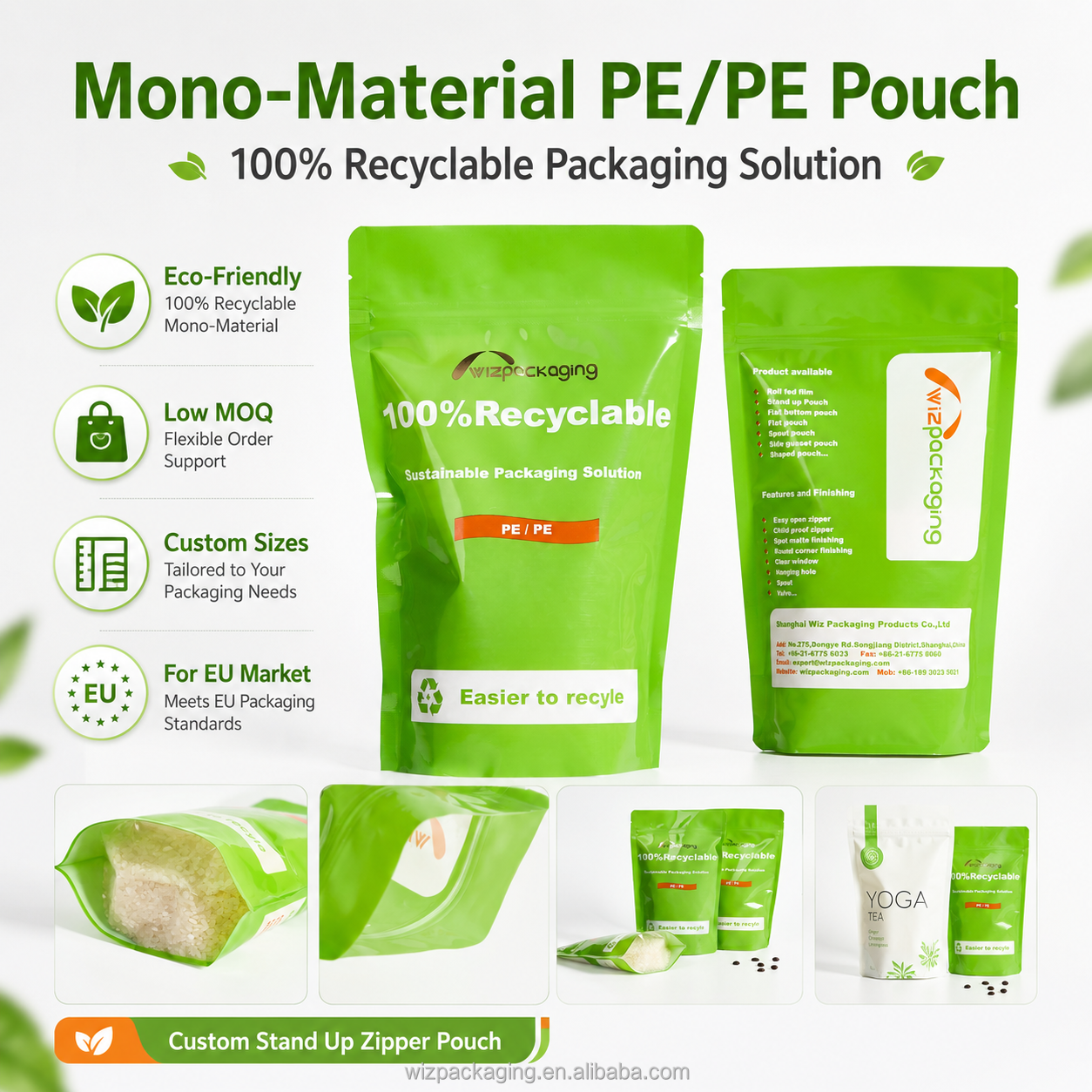 OEM ODM Eco Friendly Custom Printed Resealable Stand up Pouch 100% Recyclable Food Bag