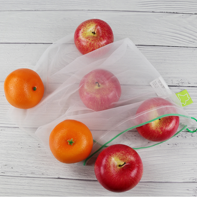 Custom White Shopping Fruits and Vegetables Packaging Reusable RPET Drawstring Mesh Bag