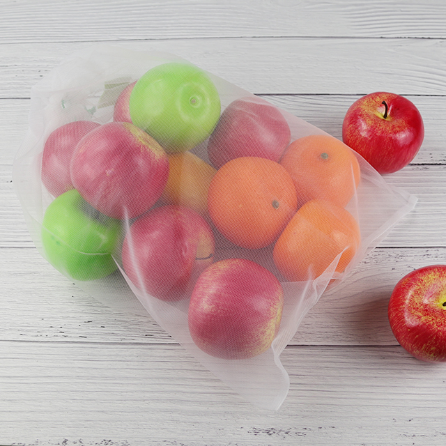 Custom White Shopping Fruits and Vegetables Packaging Reusable RPET Drawstring Mesh Bag