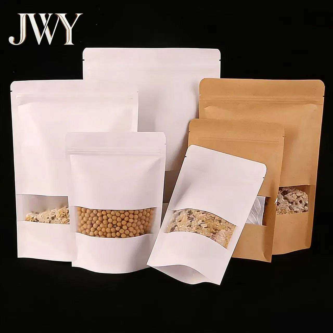 Reusable White Kraft Paper Self-Sealing Stand-up Pouch with Window