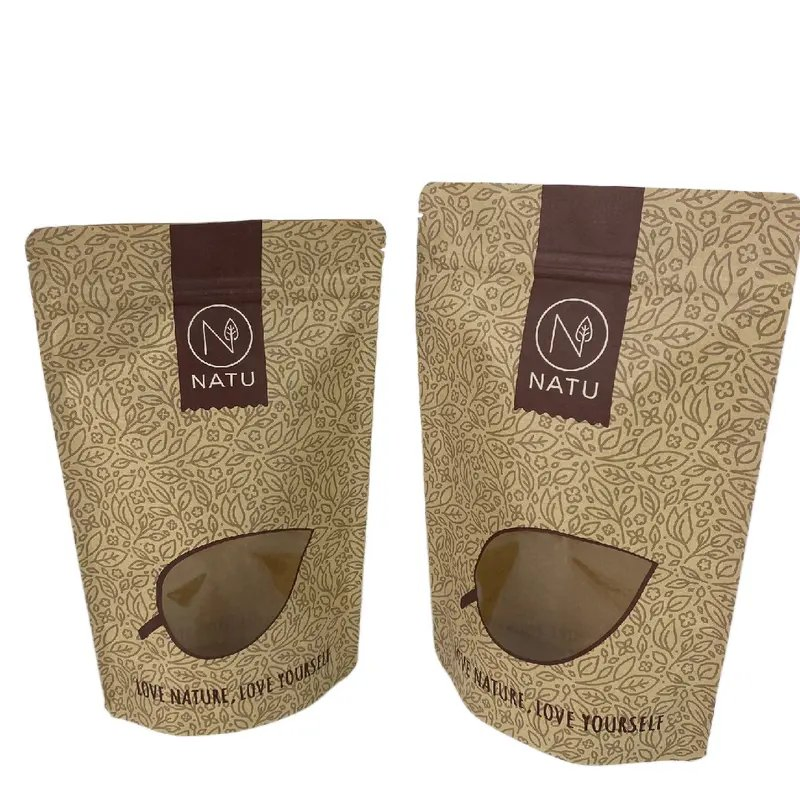 Custom Design Kraft Paper Doypack Stand up Zipper Pouch with Clear Window for Dry Nuts