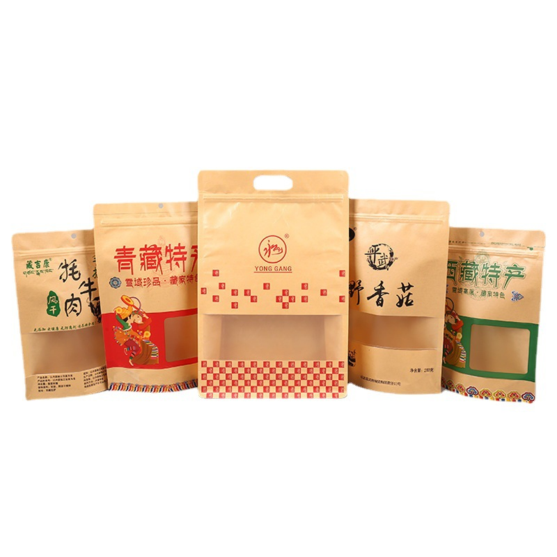 Custom Designed Polyethylene Composite Kraft Paper Pouch with Window Stand up Food Packaging Bag