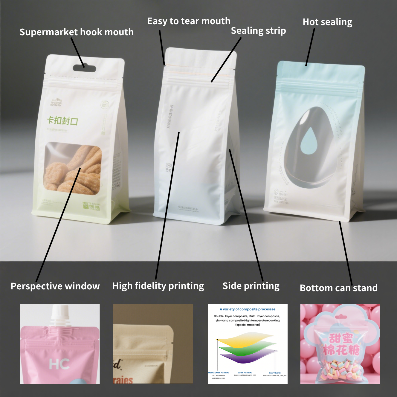 100% Biodegradable and Compostable Food Grade PE Zipper Self Standing Bag Customized Square Bottom Standing Paper Style