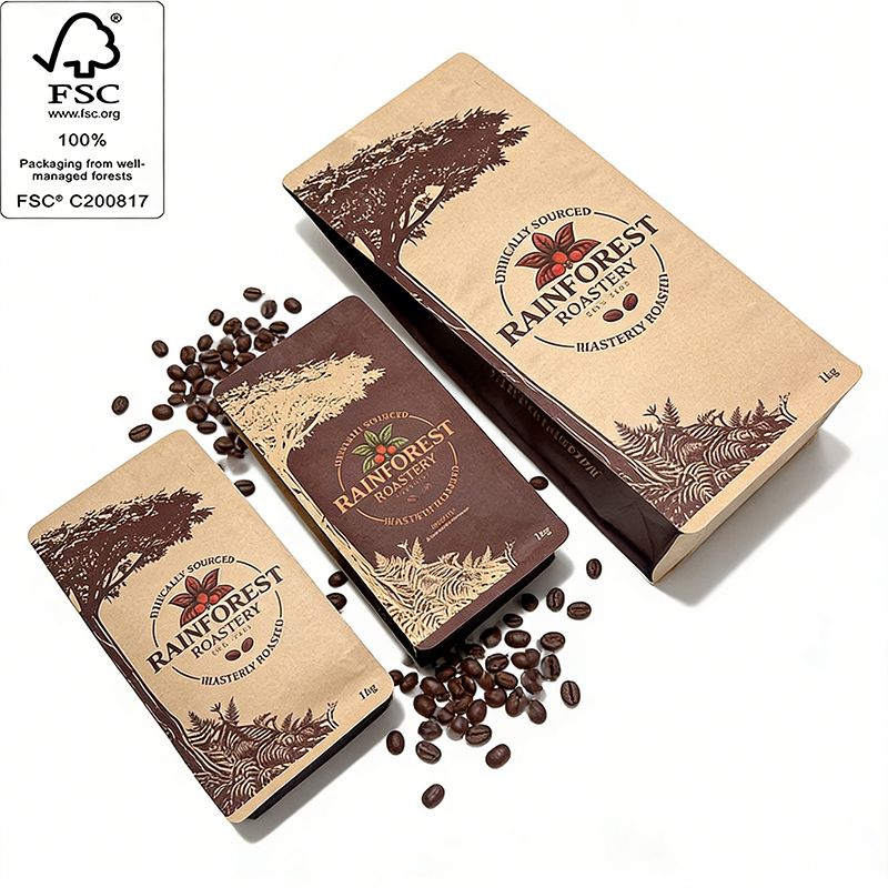 No MOQ Requirment Plastic Flat Bottom Side Gusseted Zip Lock Gift Pouch Custom Printed Shopping Food Brown Kraft Paper Packaging Bag