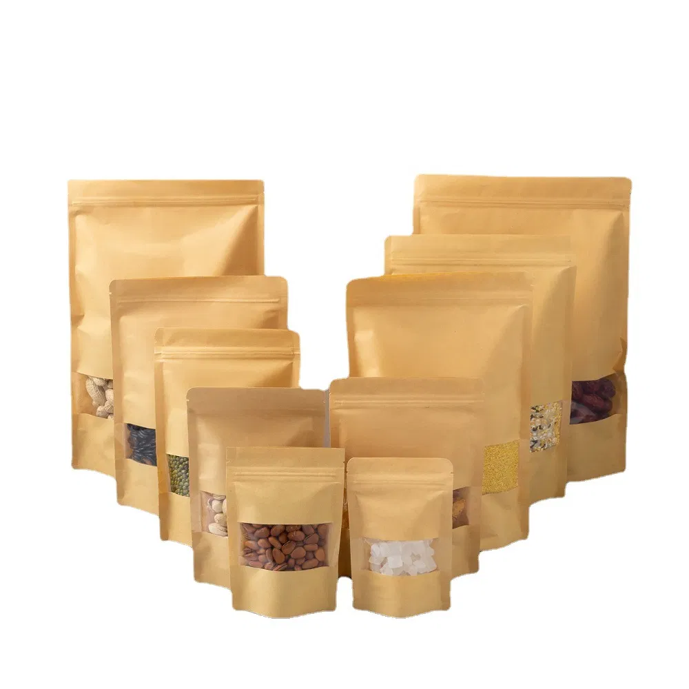 Eco Friendly Compostable Kraft Paper Stand up Pouch with Resealable Zipper and Window for Snack Coffee Tea Nut Food Packaging