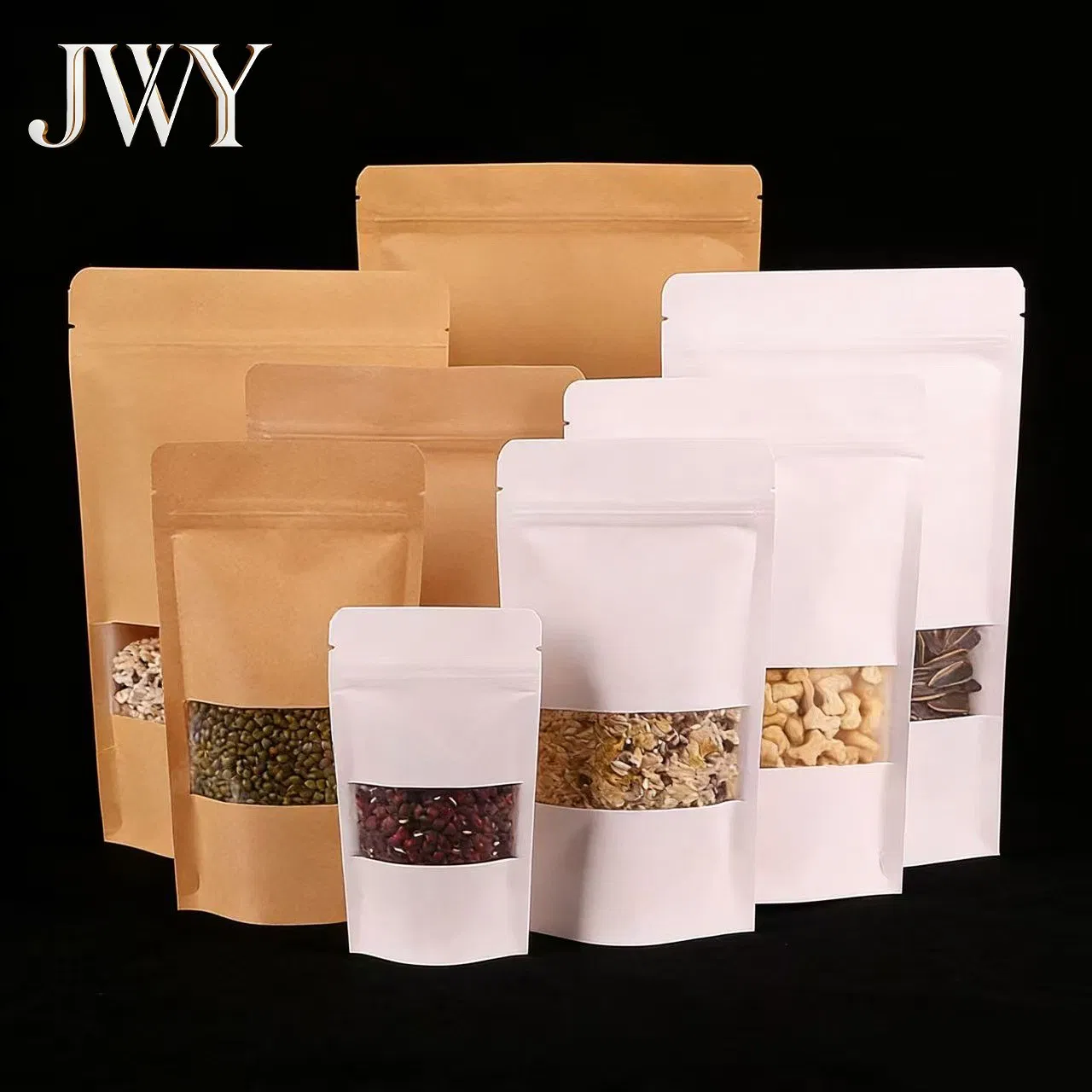 Reusable White Kraft Paper Self-Sealing Stand-up Pouch with Window