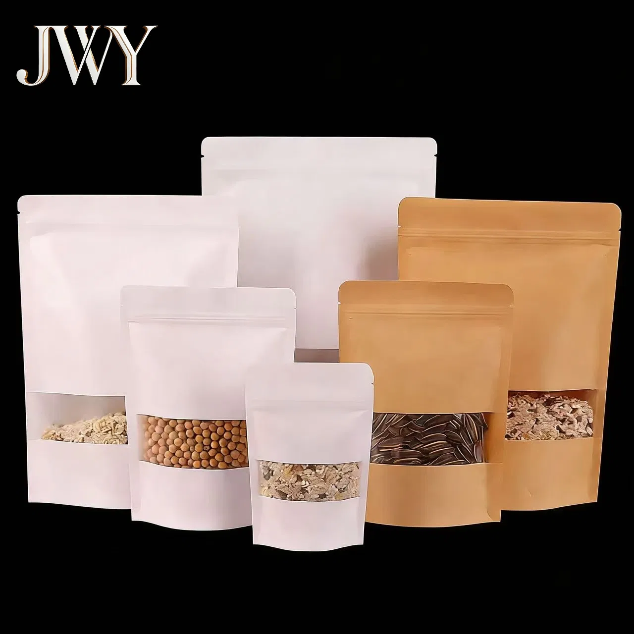 Reusable White Kraft Paper Self-Sealing Stand-up Pouch with Window