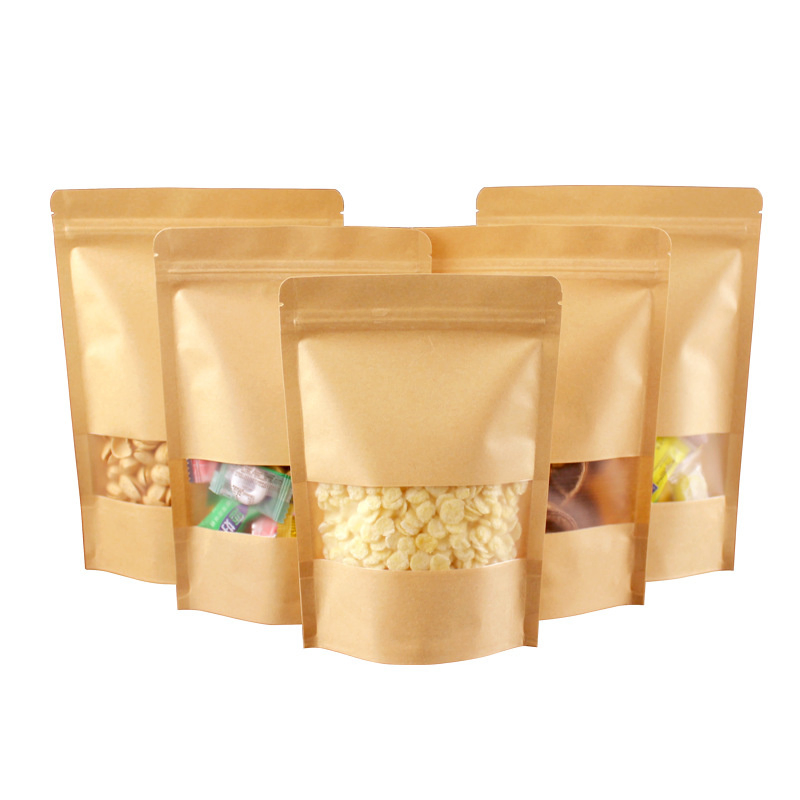 Eco Friendly Compostable Kraft Paper Stand up Pouch with Resealable Zipper and Window for Snack Coffee Tea Nut Food Packaging
