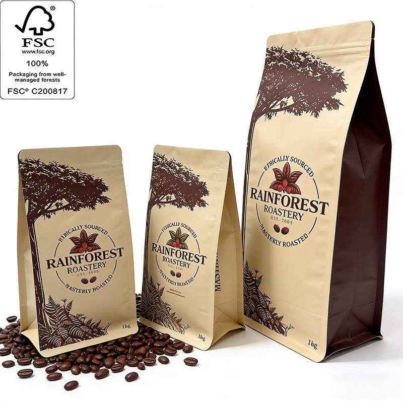 No MOQ Requirment Plastic Flat Bottom Side Gusseted Zip Lock Gift Pouch Custom Printed Shopping Food Brown Kraft Paper Packaging Bag