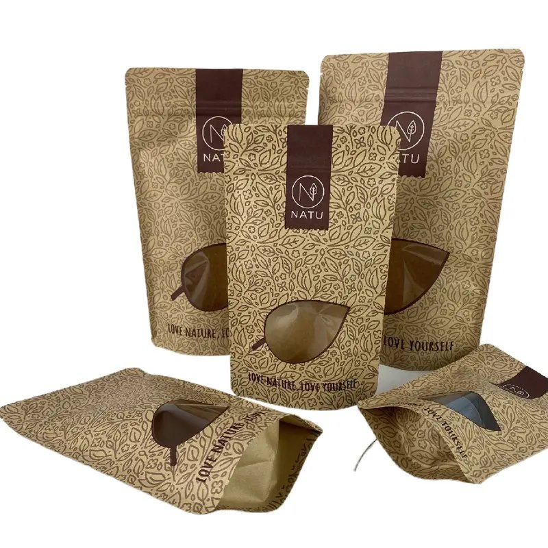 Custom Design Kraft Paper Doypack Stand up Zipper Pouch with Clear Window for Dry Nuts
