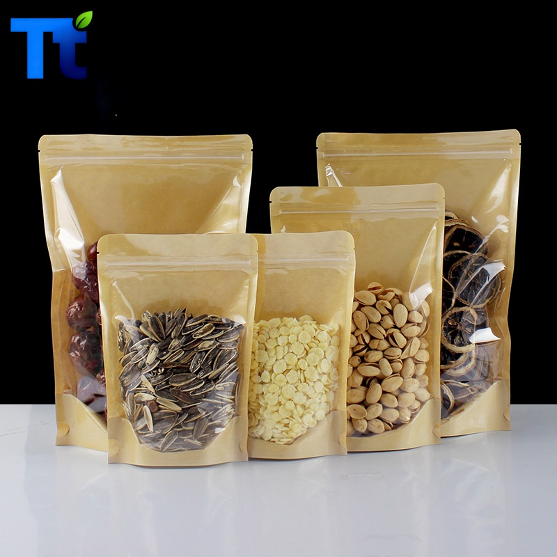 in Stock 250g 500g Kraft Paper Matte Food Packaging Window Plastic Aluminum Foil Flat Bottom Stand up Coffee Beans Packaging Pouch with Zipper