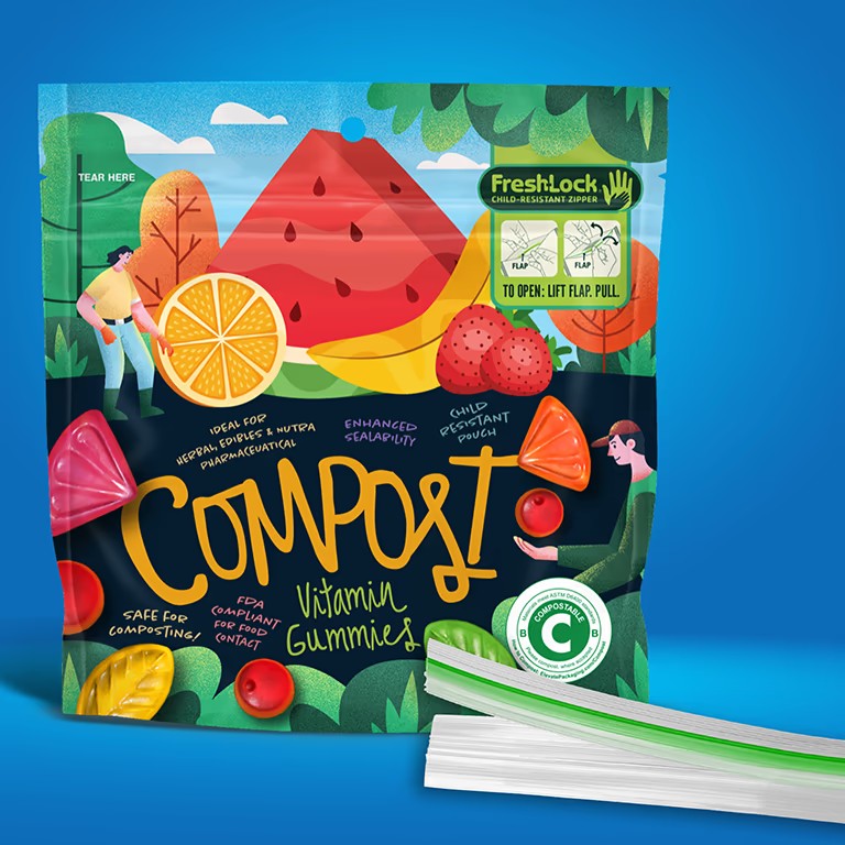 Eco Compostable Biodegradable PLA PET/PE Zip Stand up Pouch Custom Packaging Bags for Pet Food Chewing Gum Sushi-Food Grade