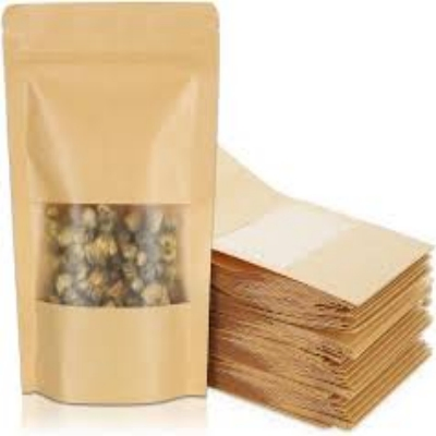 Stand up Brown Kraft Paper Resealable Ziplock Heat Sealable Food Storage Doypack Pouch Packet with Matte Window