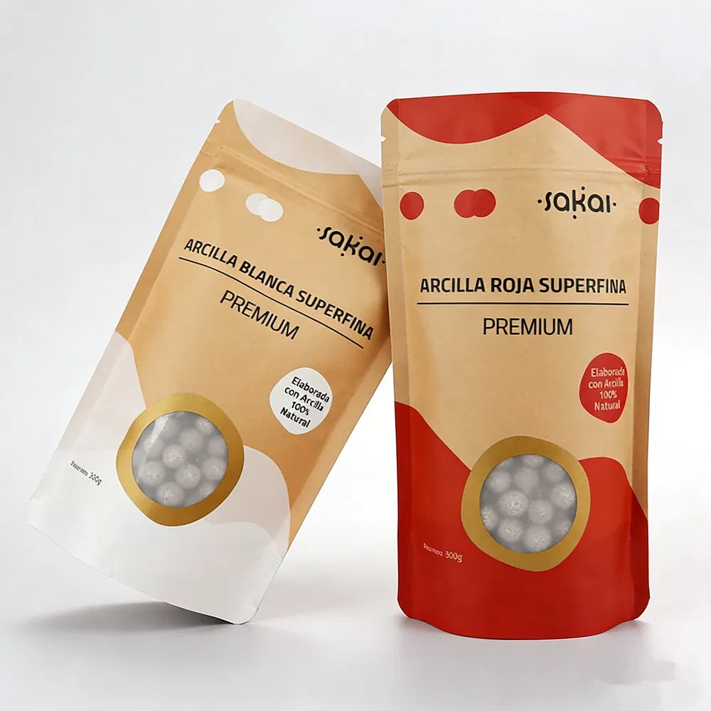 Eco-Friendly Bio-Degradable Ziplock Brown Kraft Paper Stand-up Pouch with Circle Window