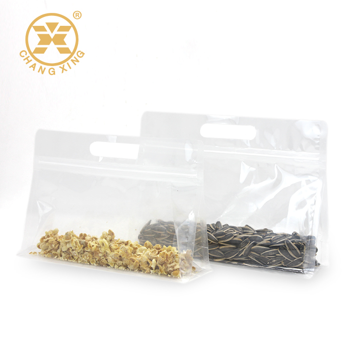 Eight Side Seal Gusseted Flat Block Bottom Ziplock Plastic Bags with Handles