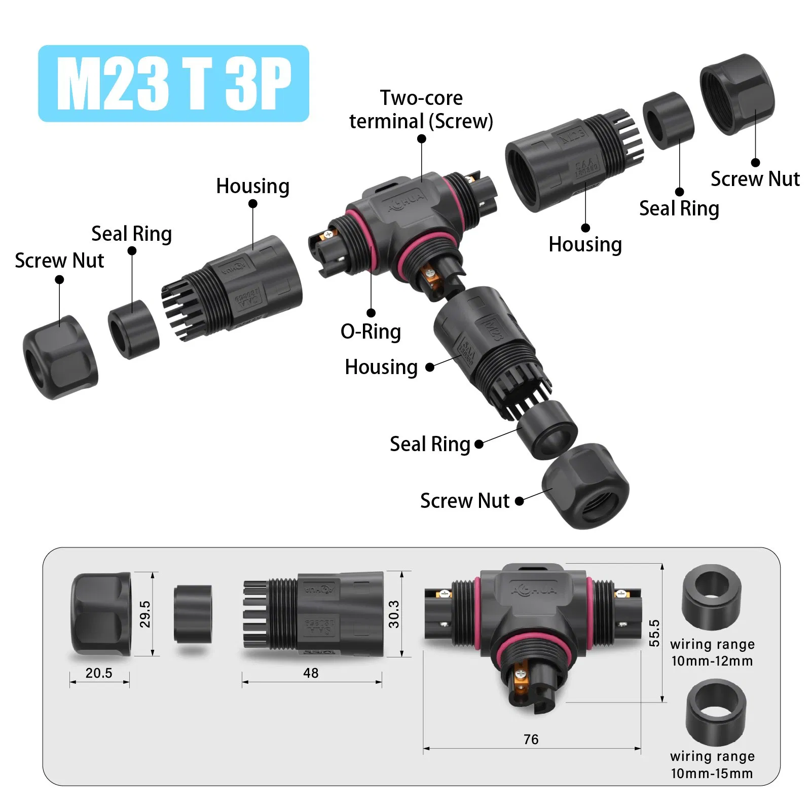 UL/SAA/CE/RoHS/IP68 Cert 3pin T Splitter M20 Connector Cable to Cable Assembly Without Cable Plug Supply Power Adapter for Outdoor Lighting Wiring Systems