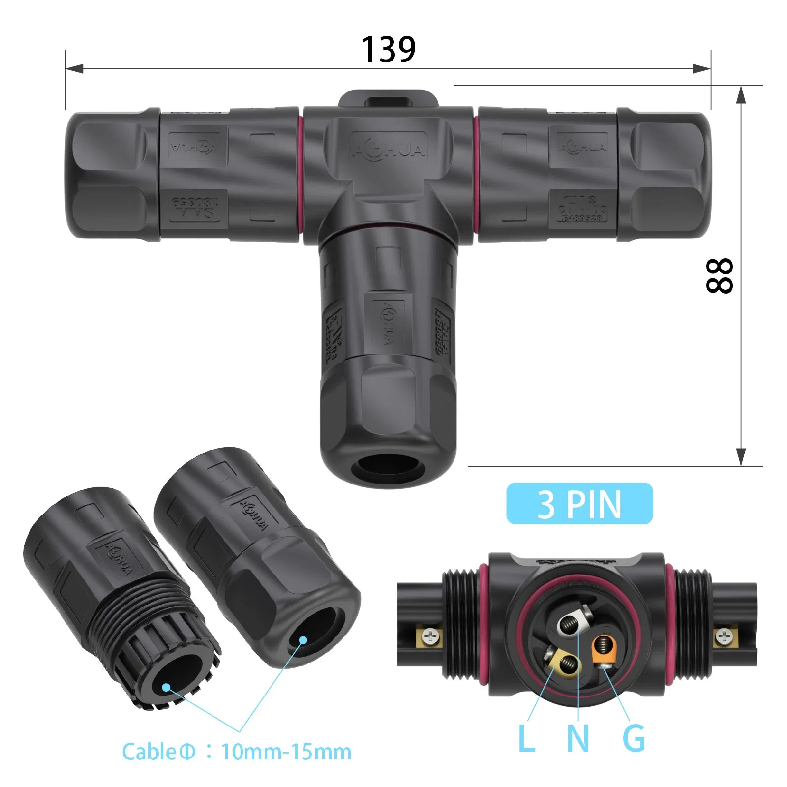 UL/SAA/CE/RoHS/IP68 Cert 3pin T Splitter M20 Connector Cable to Cable Assembly Without Cable Plug Supply Power Adapter for Outdoor Lighting Wiring Systems