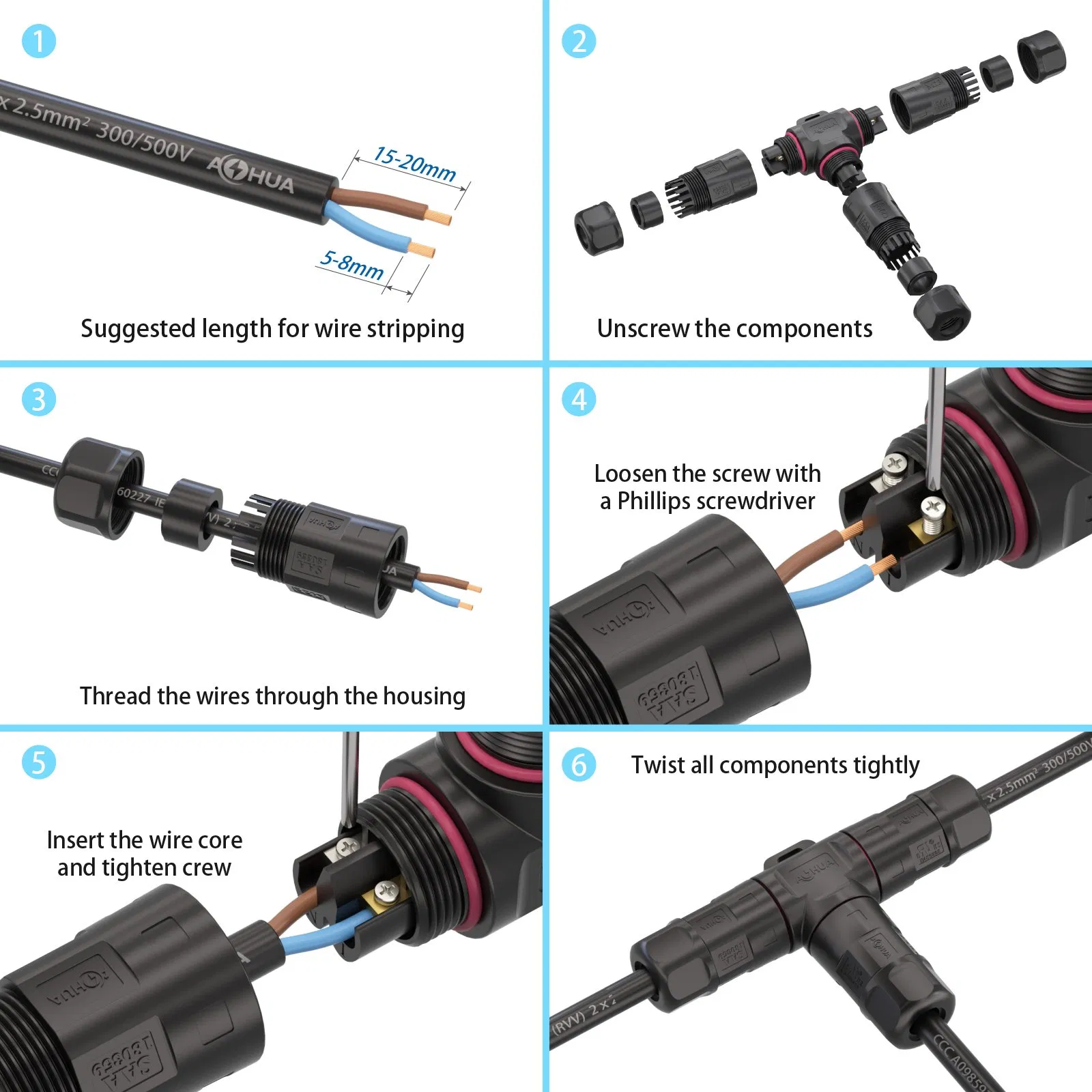 UL/SAA/CE/RoHS/IP68 Cert 3pin T Splitter M20 Connector Cable to Cable Assembly Without Cable Plug Supply Power Adapter for Outdoor Lighting Wiring Systems