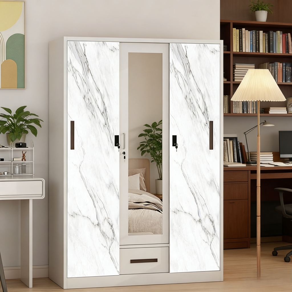Modern High Quality Customized 3-Door Steel Sliding Closet with Clothes Organizer, Durable and Lockable for Bedroom Storage