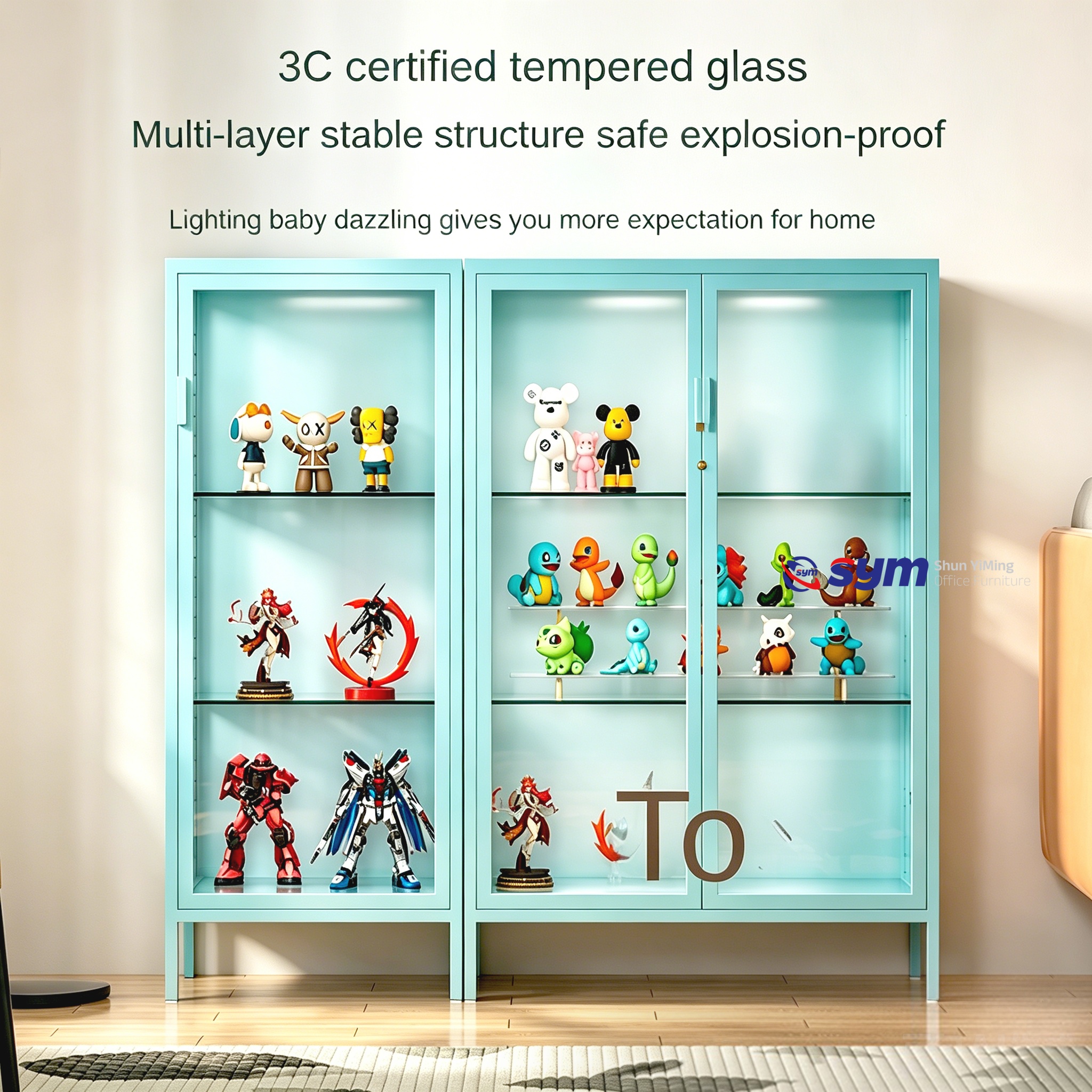 High Load Bearing Glass Display Cabinet with Metal Frame, Sturdy Action Figure Showcase with Adjustable Hardware