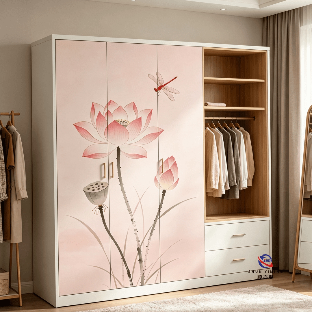 Multi Shelf Printed Steel Wardrobe, Vertical Metal Bedroom Clothes Storage Cabinet with Modern Decorative Design