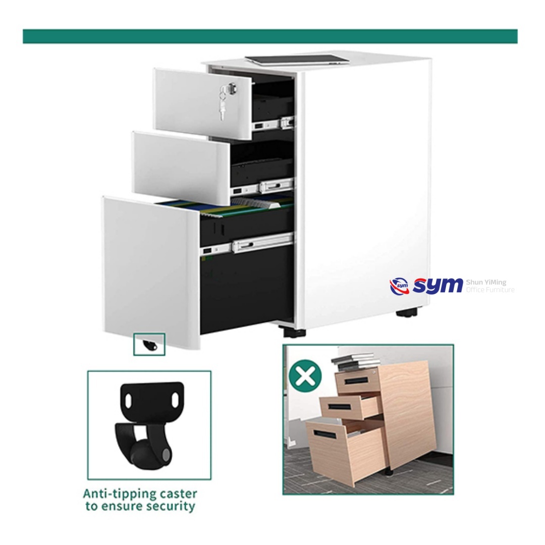 Safe Interlocking Steel Mobile Pedestal, 3 Drawer Metal Under Desk Cabinet with Central Lock & Anti-tipping Wheel