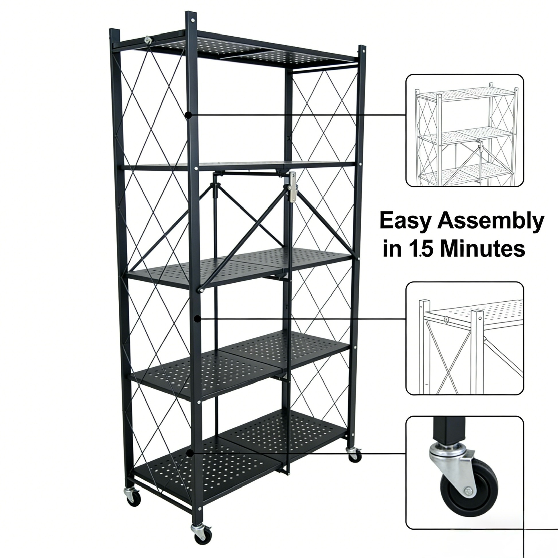 High-quality Metal 5-Layer Adjustable Folding Shelves with Wheels and Corrosion Protection for Kitchen Use