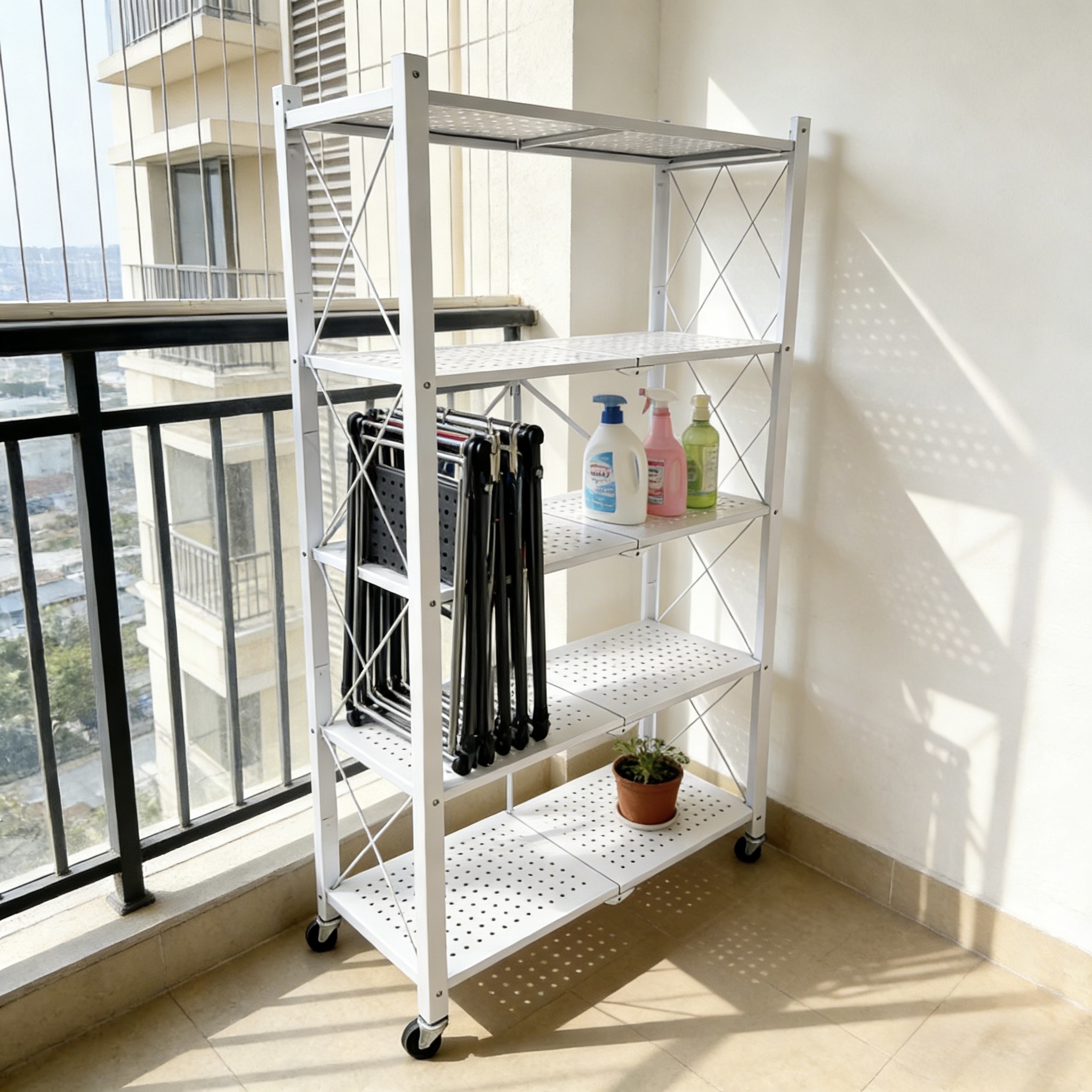 High-quality Metal 5-Layer Adjustable Folding Shelves with Wheels and Corrosion Protection for Kitchen Use