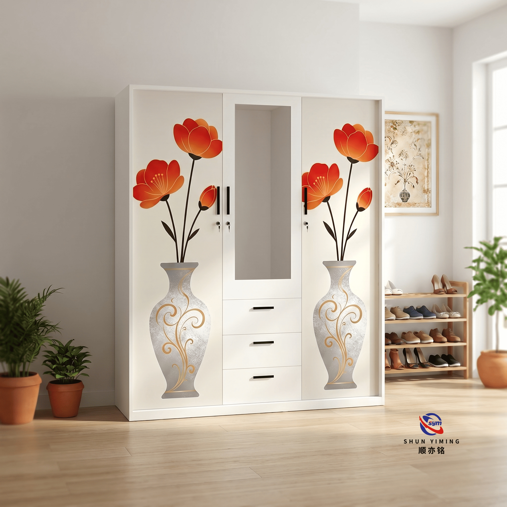 Vibrant Flower Printed Steel Wardrobe, Beautiful Metal Clothes Storage Cabinet for Master Bedroom Furniture Set