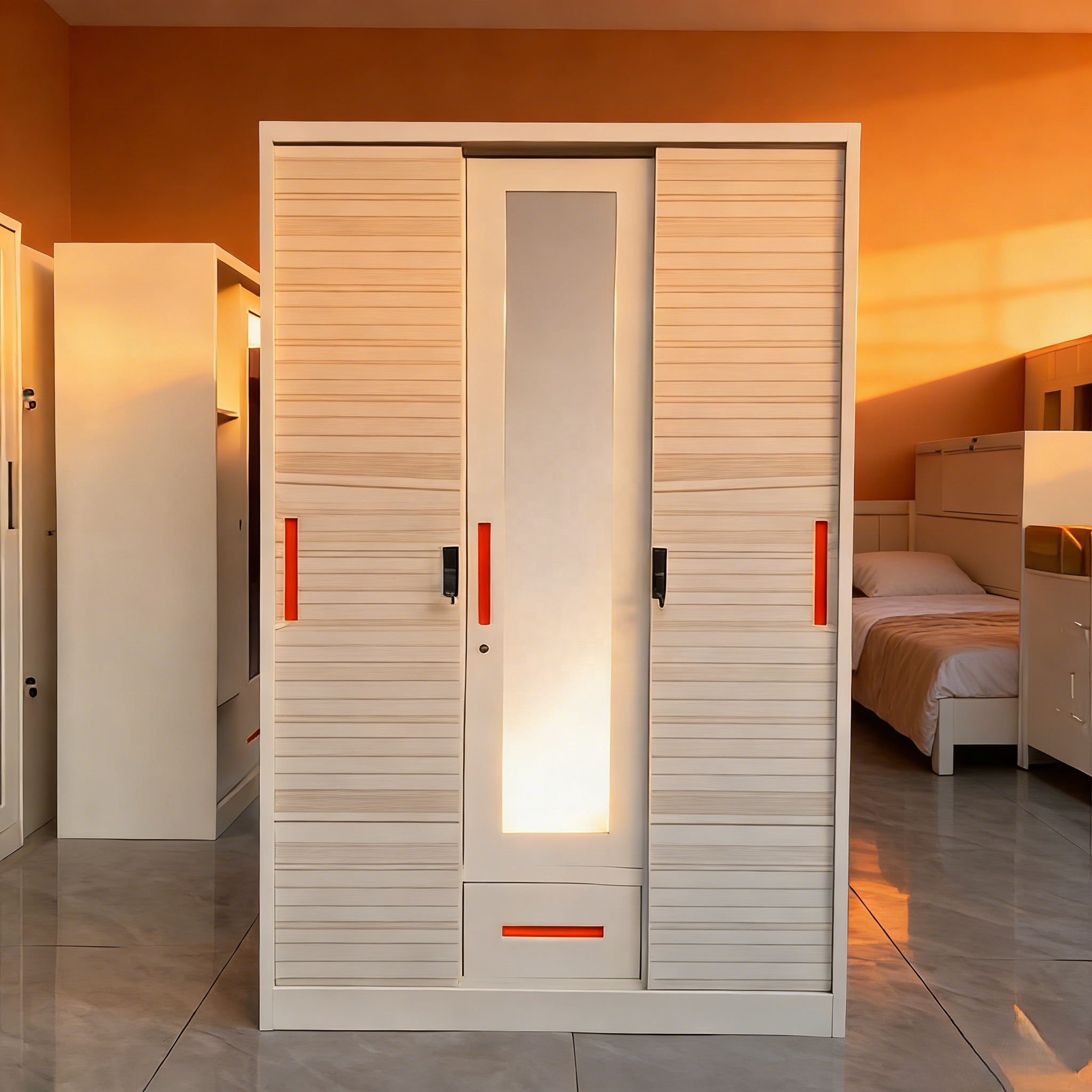 Premium Steel Printed 4-Door Wardrobe Armoire with 2 Mirrors, 2 Drawers and Durable Swing Doors with Lock for Bedroom Storage