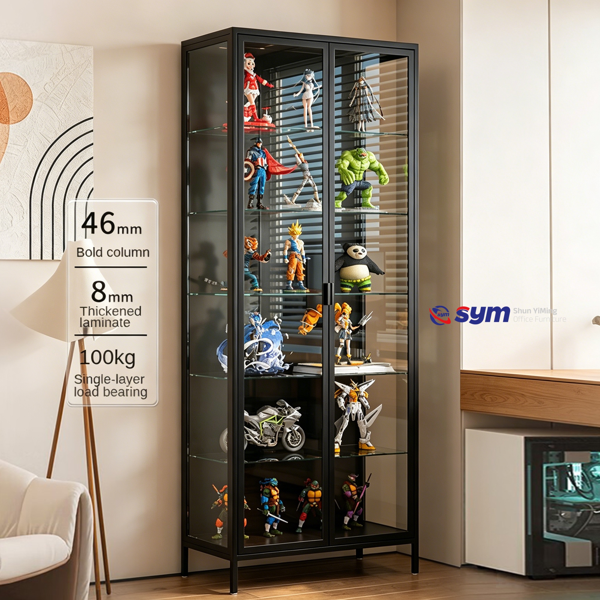 UV-blocking Glass Display Cabinet with Metal Frame, Dustproof Action Figure Showcase to Prevent Collectible Fading