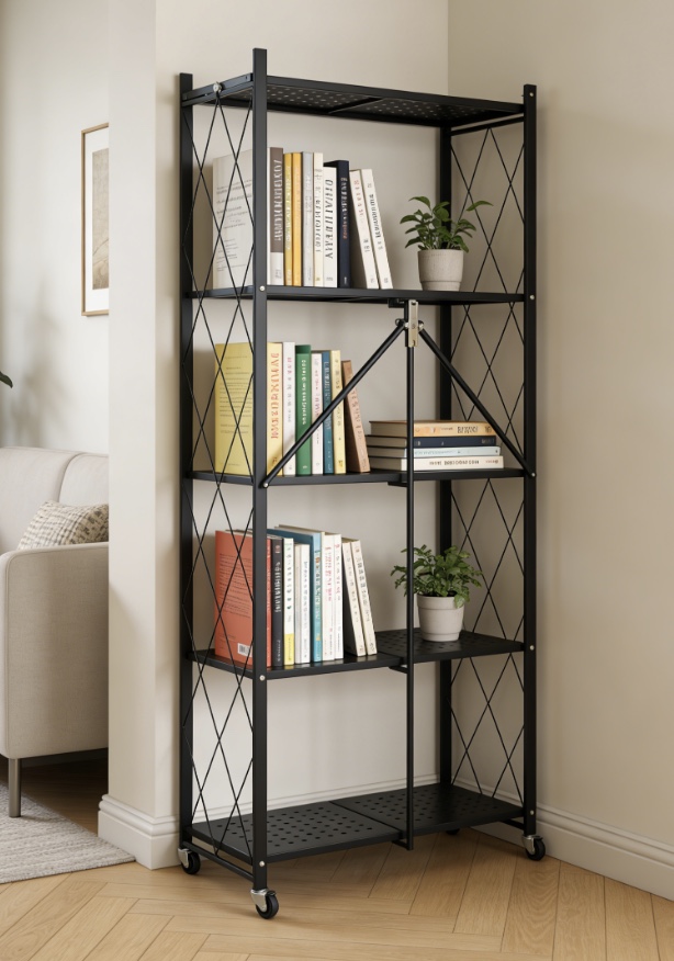 Customized Standing Installation Book Shelf Black Powder Coated Metal Iron Home Kitchen 5 Tier Foldable Storage Racks Shelves
