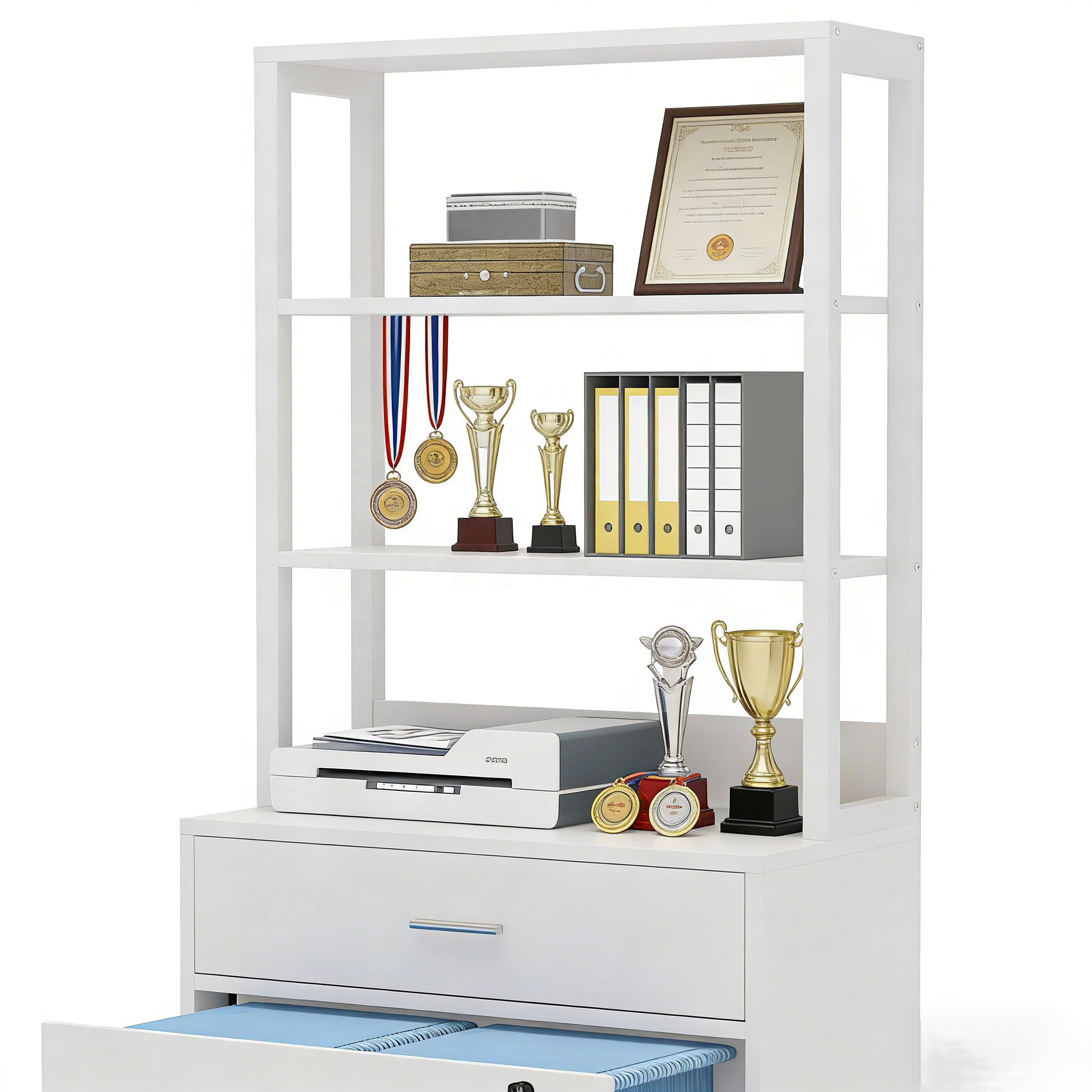 White Printer Stand with Open Shelves 2-Drawer Lockable Wood File Cabinet Mobile Lateral Filing Unit for Office