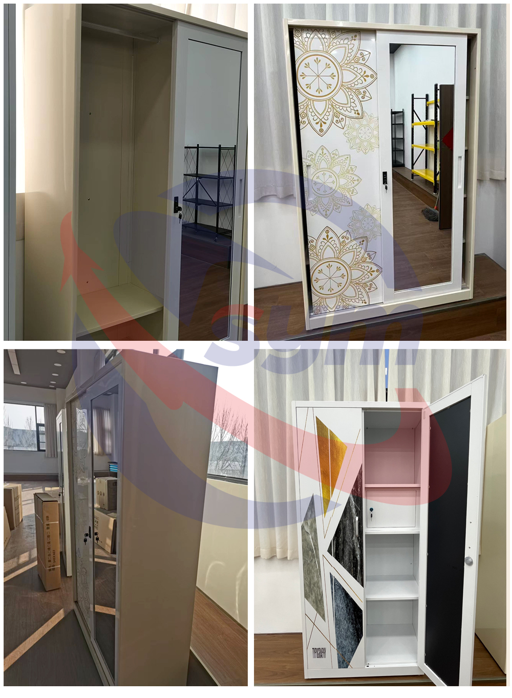 Durable Wood Grain Printed Metal Wardrobe KD Structure Steel Clothes Cabinet for Residential Project Use