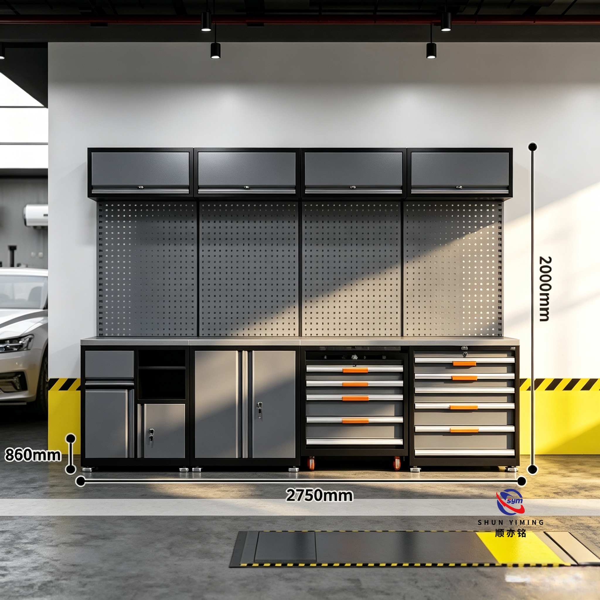 Integrated Metal Workbench Combo, Modular Tool Station with Drawer Cabinet & Wall Storage for Mechanic Shop