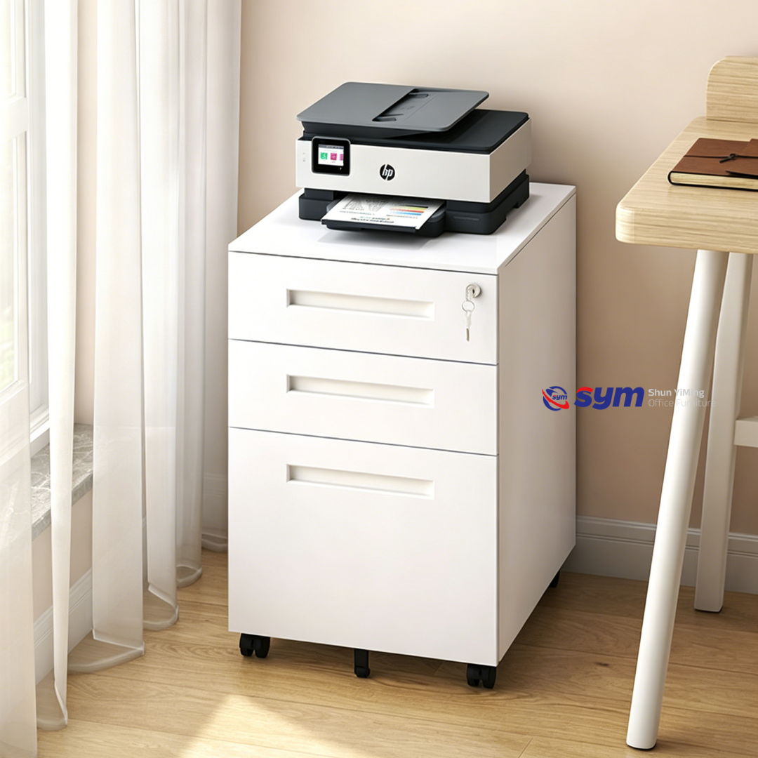 Handleless Design Steel Mobile Pedestal, Smooth 3 Drawer Metal Under Desk Filing Cabinet for Tech Company Office