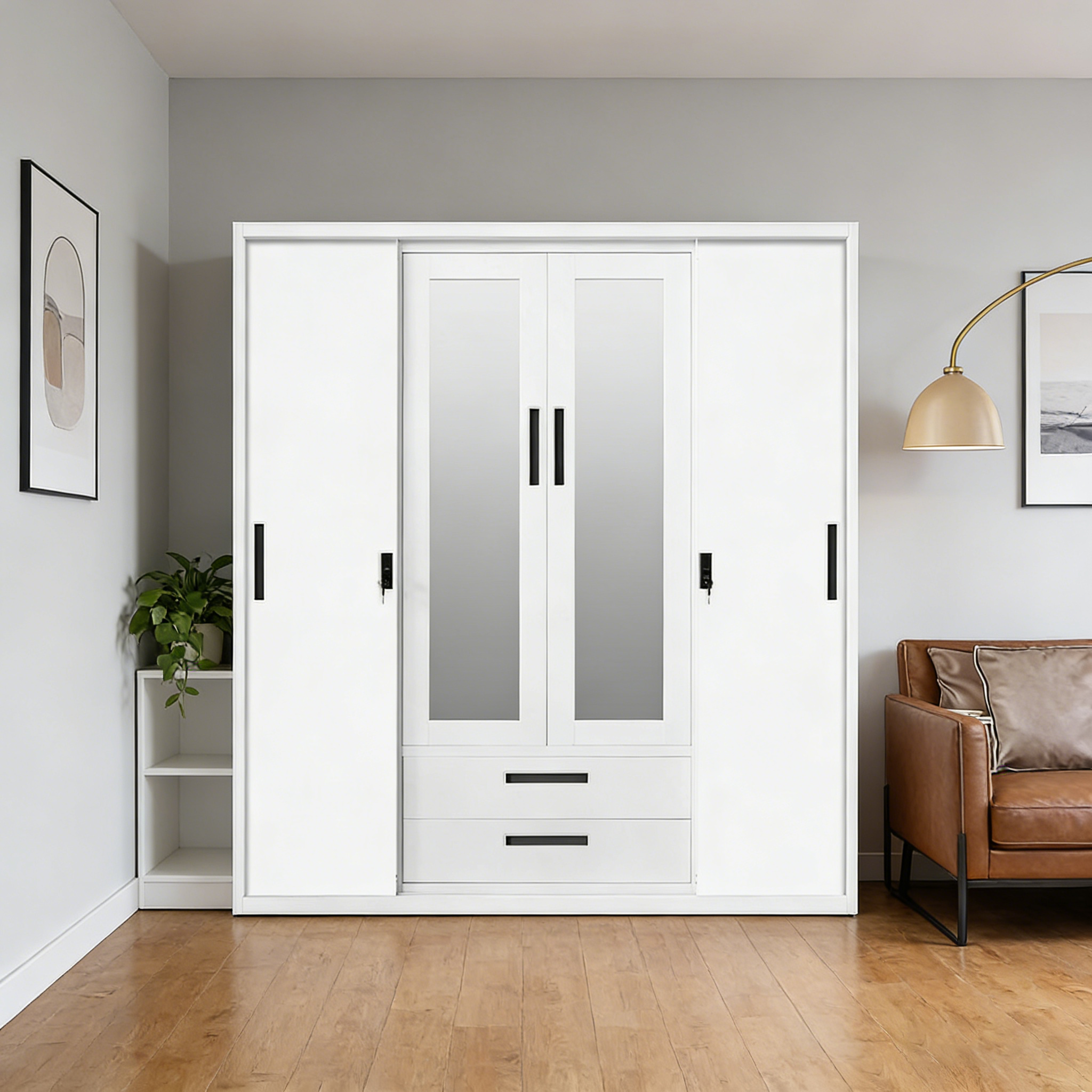 High Quality Hot Selling Customized Steel and Iron Storage Locker with Mirror, 2-Door Metal Wardrobe for Bedroom Home Furniture