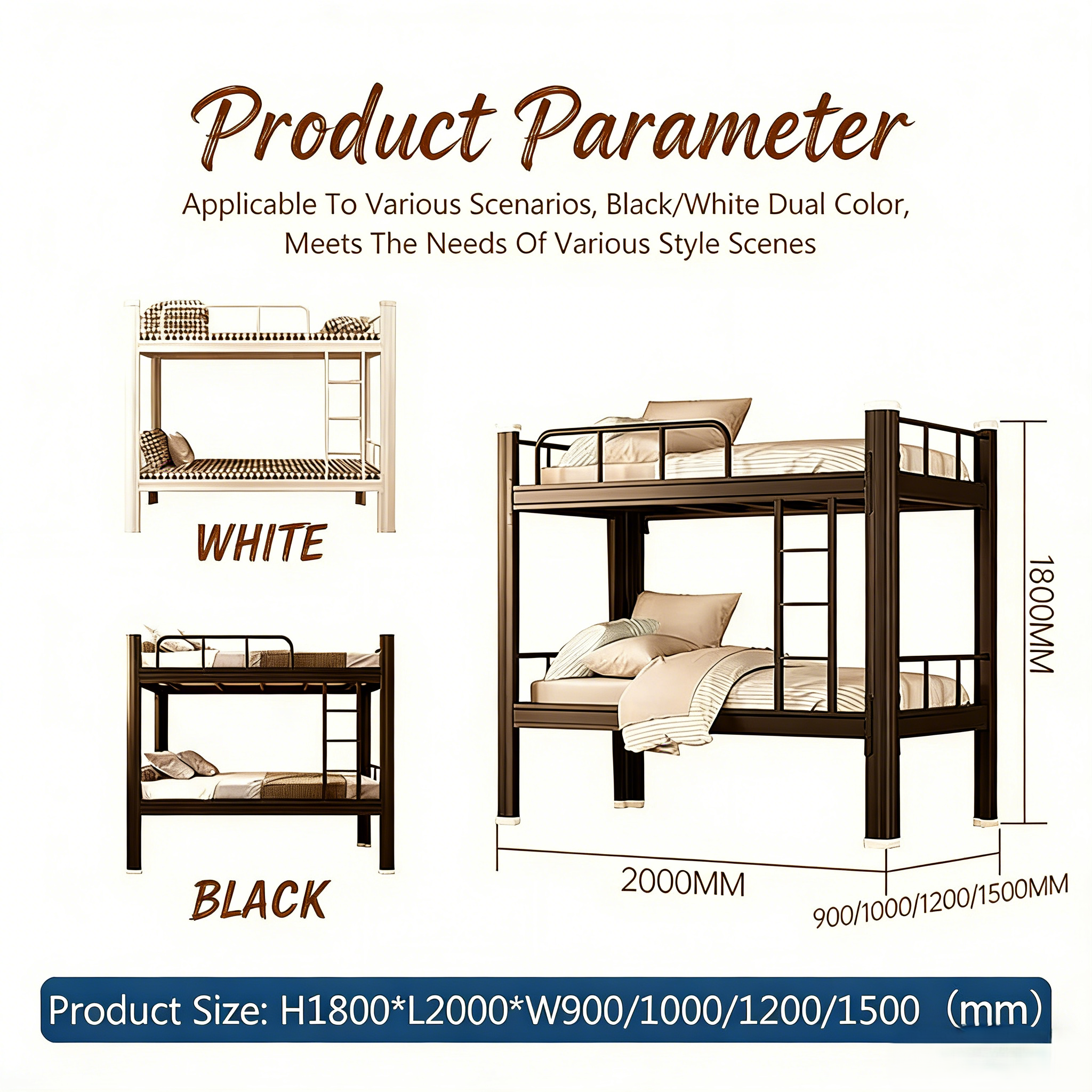 Custom High-Quality Steel Double Bunk Bed for Adults, Reinforced Frame Construction Ensuring Enhanced Durability
