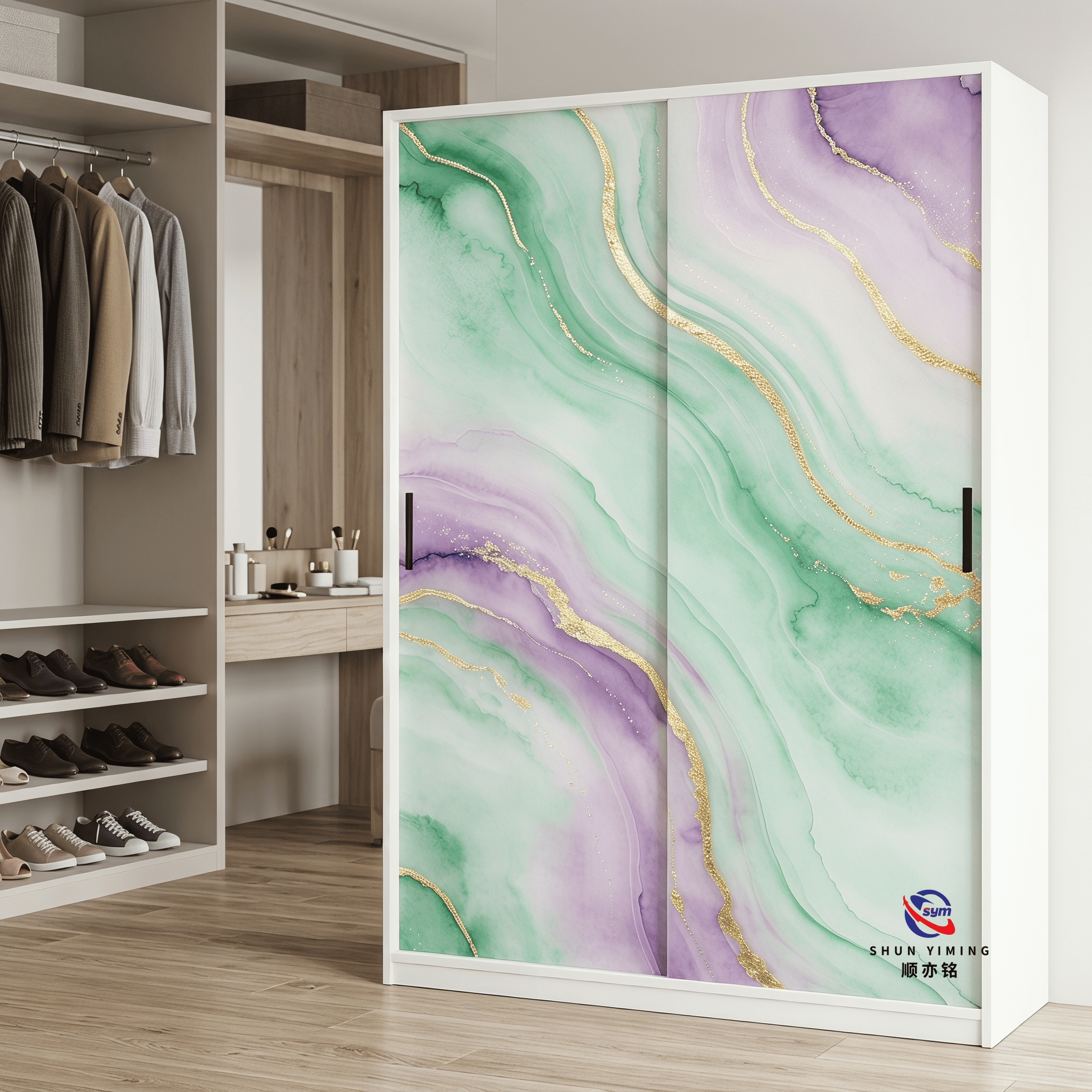 Modern 3D Effect Printed Steel Wardrobe, Customized Graphic Metal Wardrobe Closet with Large Storage Shelf Rails