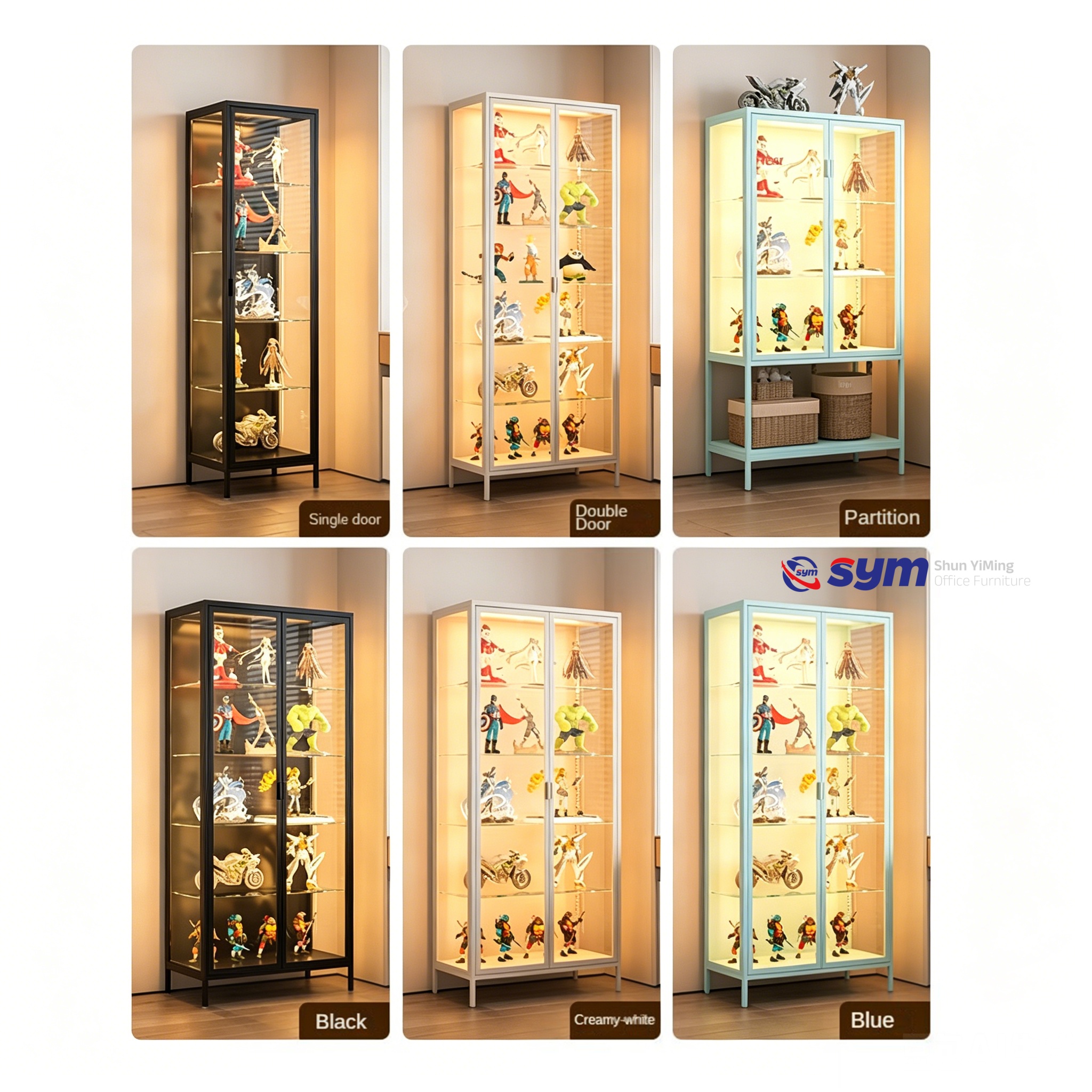 Tempered Glass Display Cabinet with Metal Frame, Dustproof Curio Showcase for Action Figures & Collectibles Lock