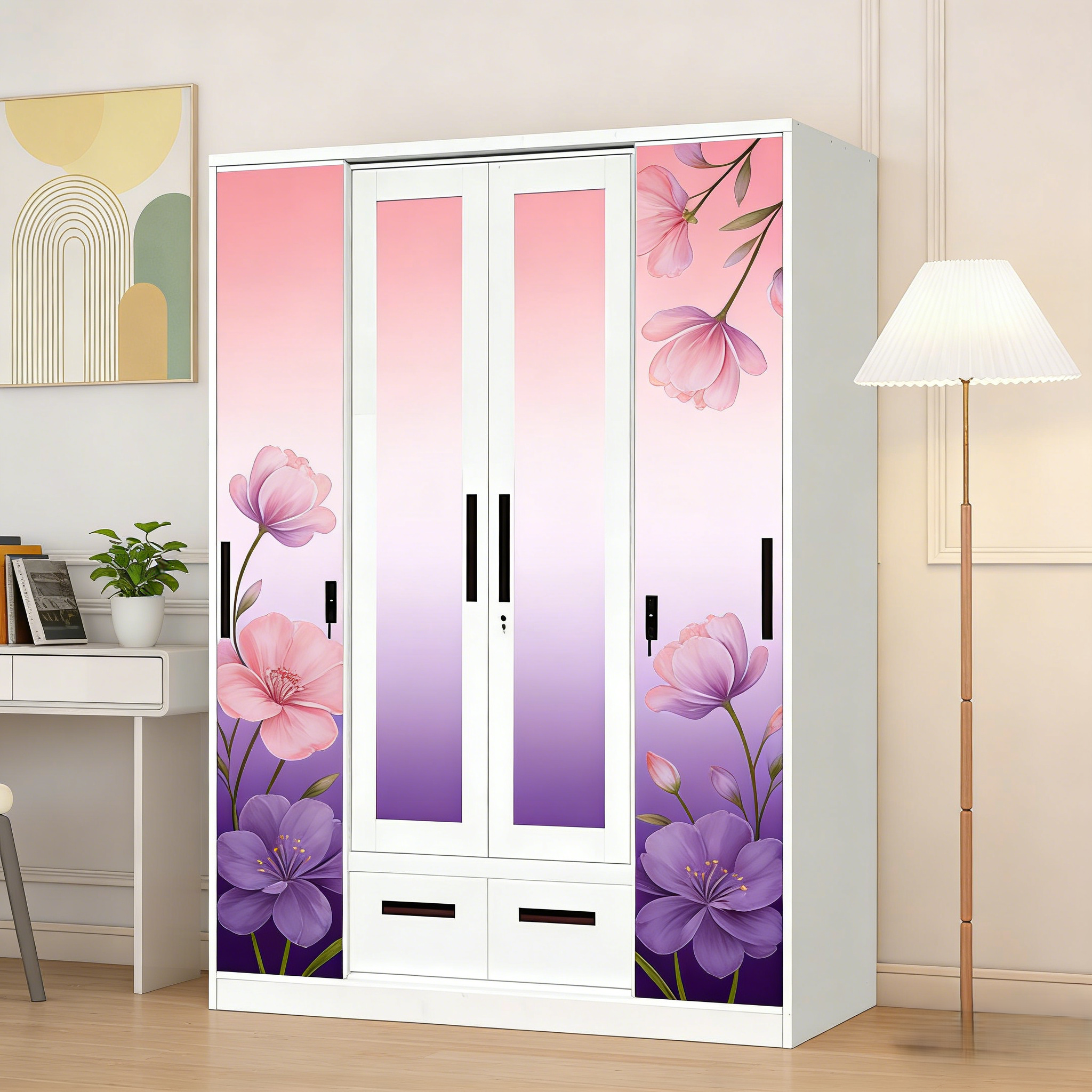Sturdy Durable Modern 4-Door Steel Printed Lockable Wardrobe with 2 Mirrors 2 Drawers Hanging Rail for Bedroom Organization
