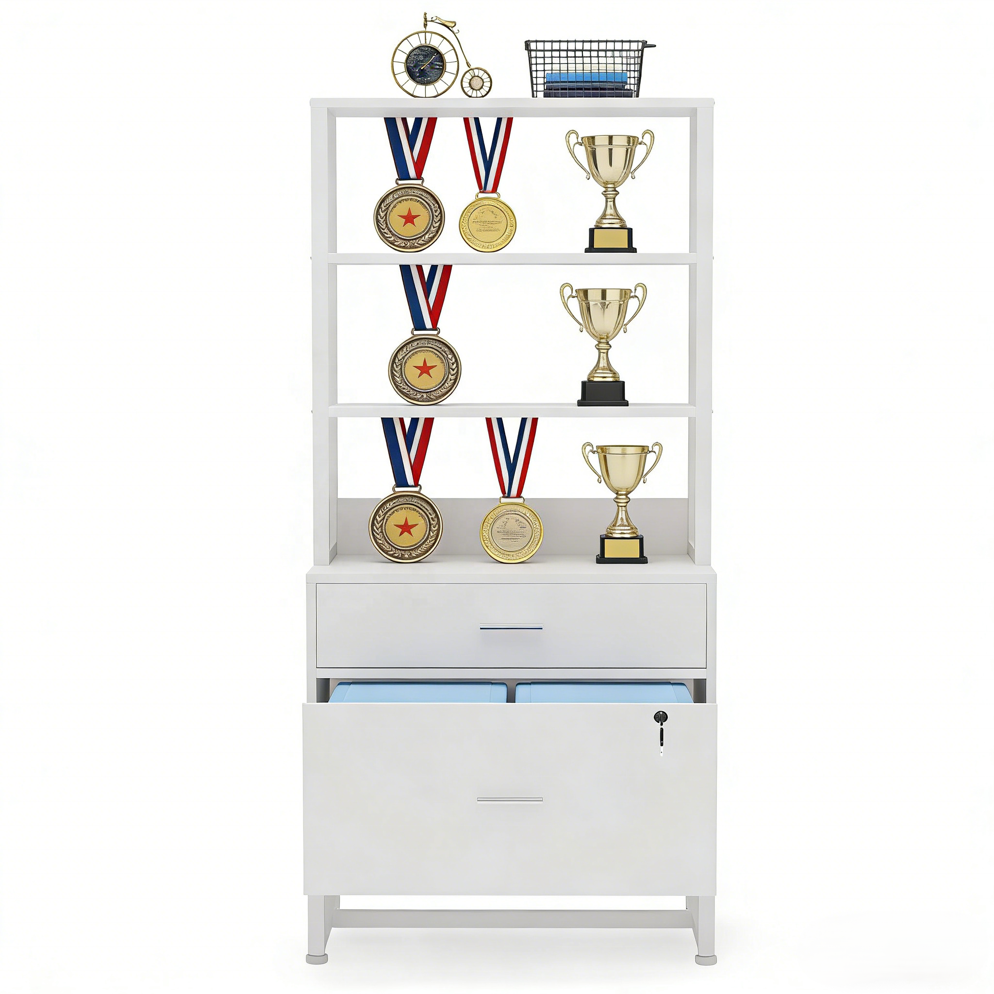 White Printer Stand with Open Shelves 2-Drawer Lockable Wood File Cabinet Mobile Lateral Filing Unit for Office