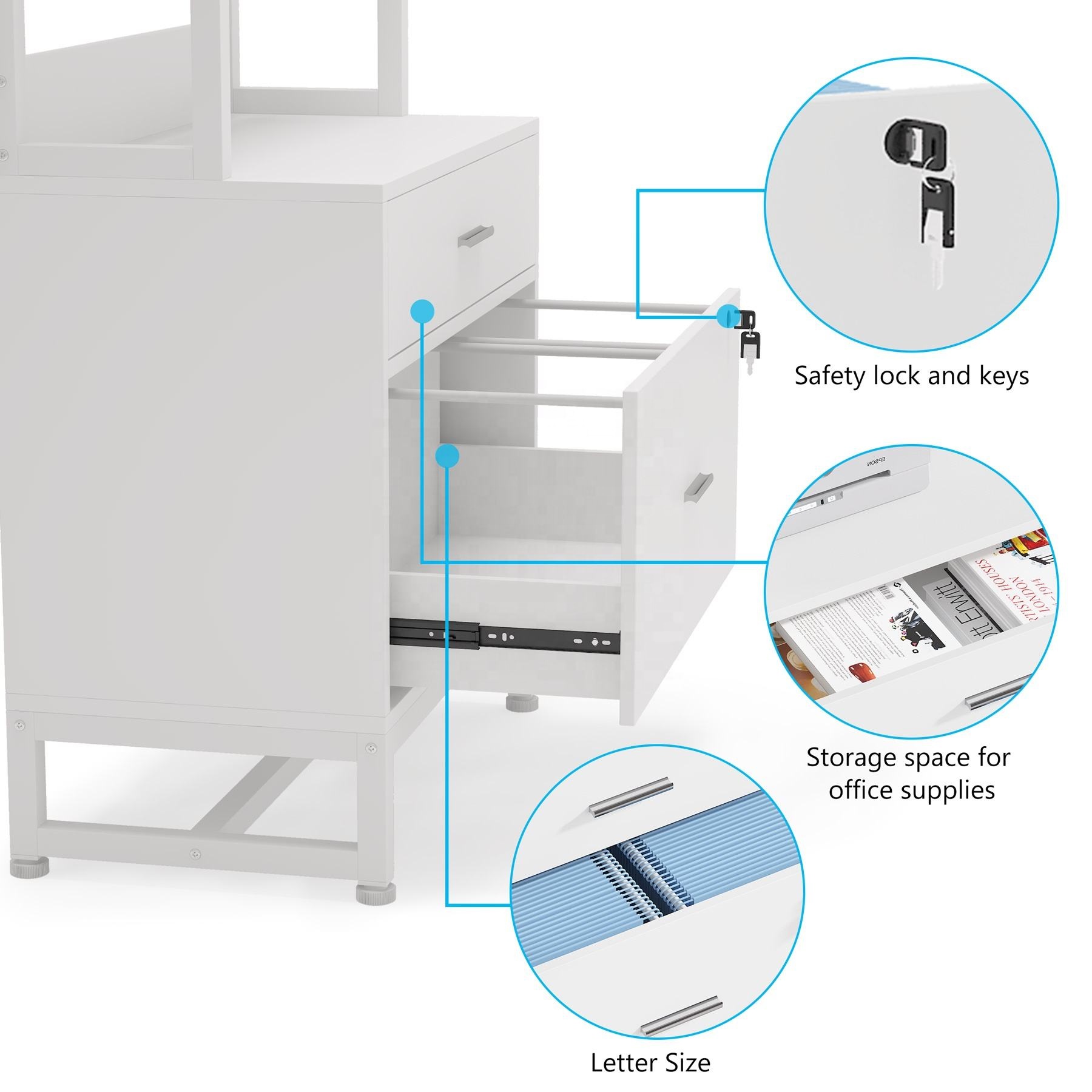 White Printer Stand with Open Shelves 2-Drawer Lockable Wood File Cabinet Mobile Lateral Filing Unit for Office