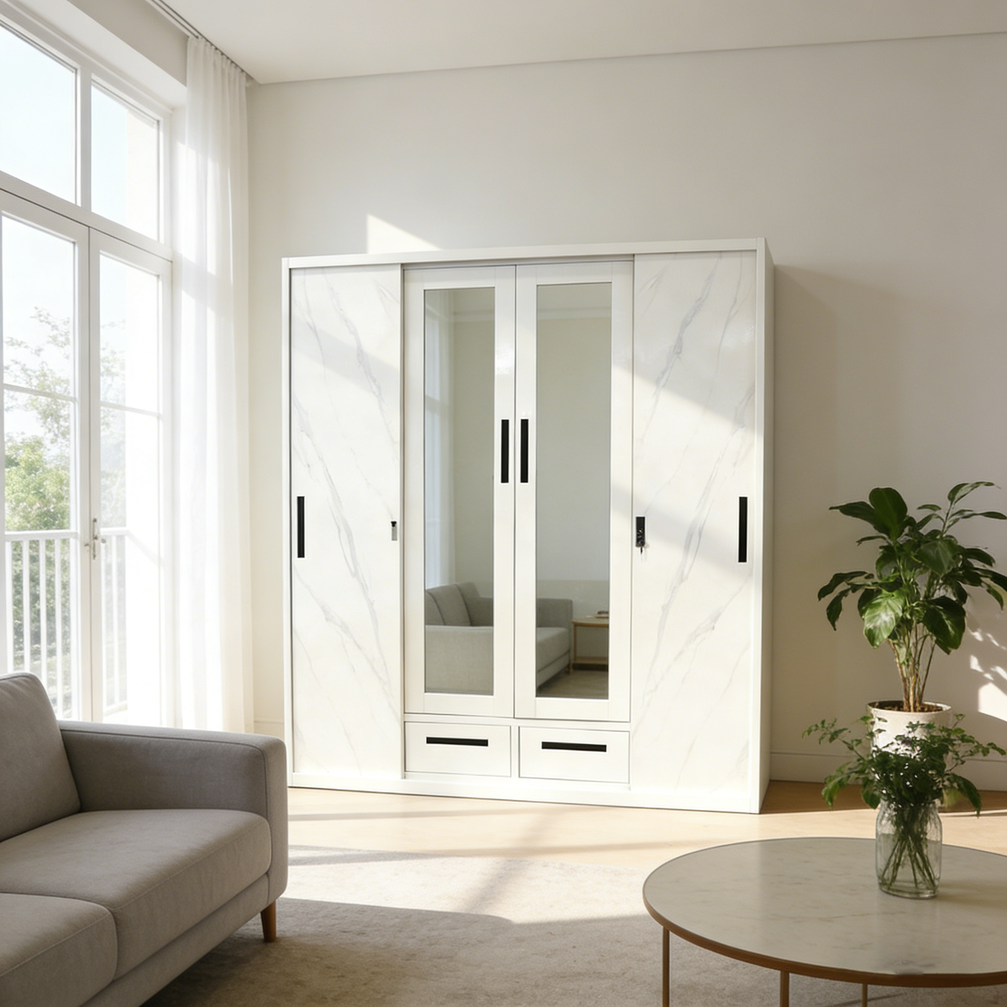 High Quality Hot Selling Customized Steel and Iron Storage Locker with Mirror, 2-Door Metal Wardrobe for Bedroom Home Furniture