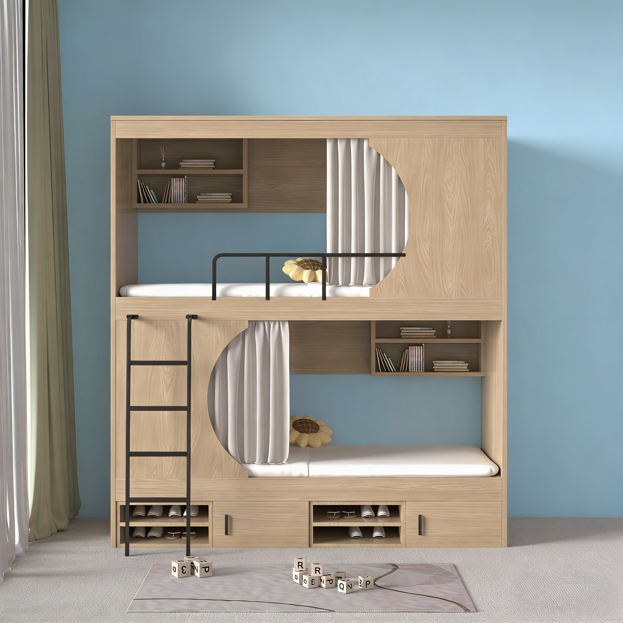 Factory OEM Capsule Solid Wood Bunk Beds Two Drawers Safety Guardrail & Ladders with Partition Bookshelf for Commercial Bedrooms