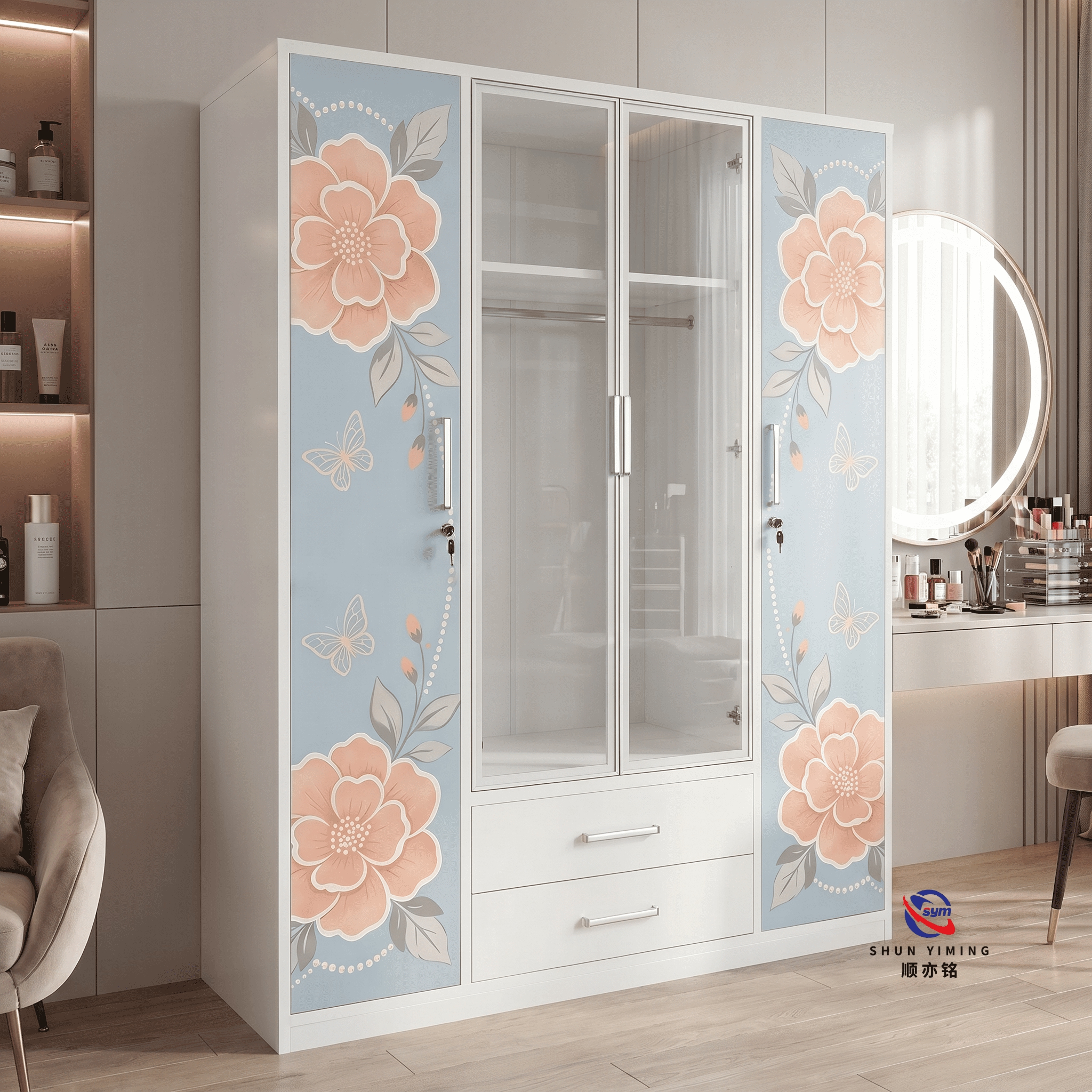 Creative Graphic Printed Steel Wardrobe, Modern Metal Bedroom Storage Closet with High Definition Flower Pattern