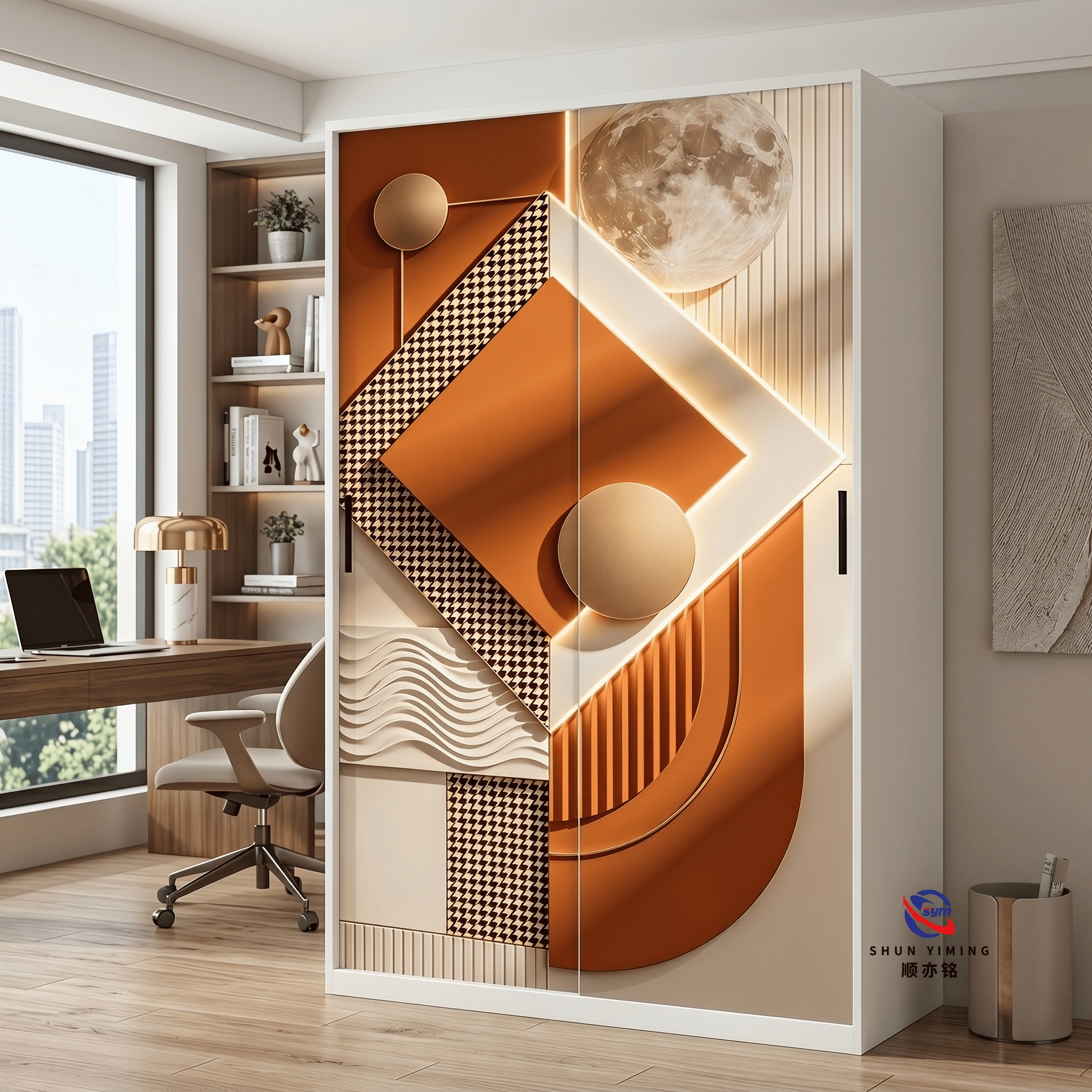 2 Door Printed Steel Wardrobe with Mirror, Large Capacity Metal Bedroom Clothes Cabinet with Elegant Graphic Print