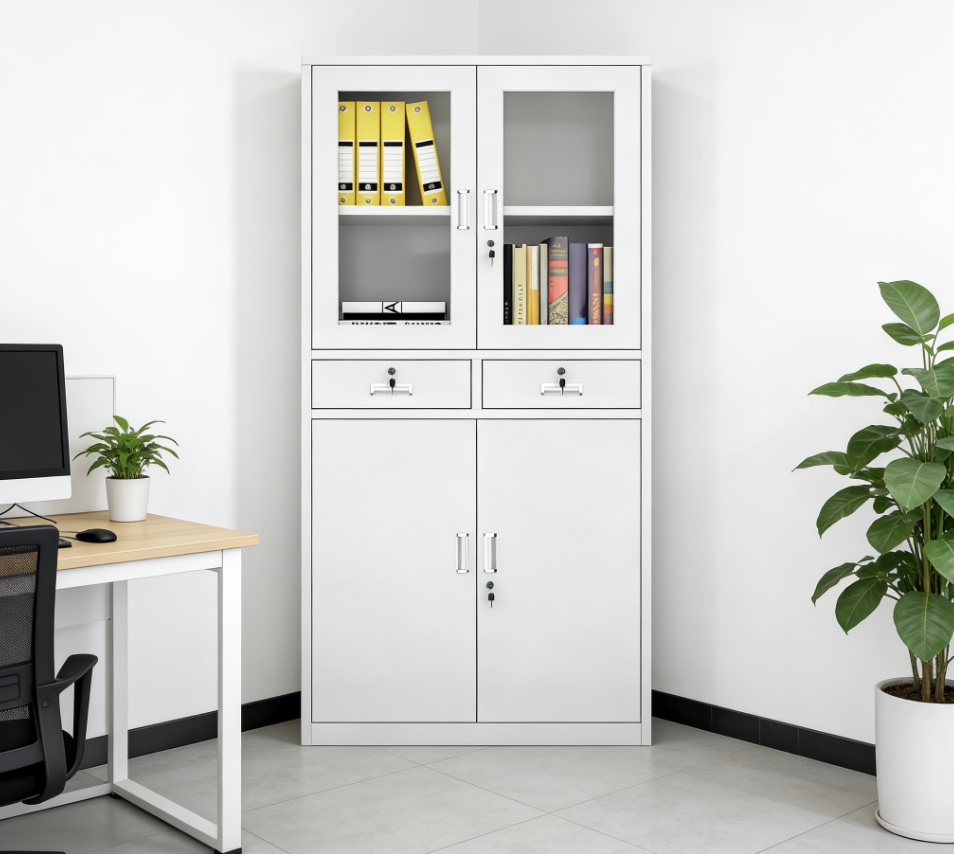 2-Door Metal Storage Steel File Cabinet with Safe Lock Glass Door Office Cupboard for Home Office & Workshop Panel Style