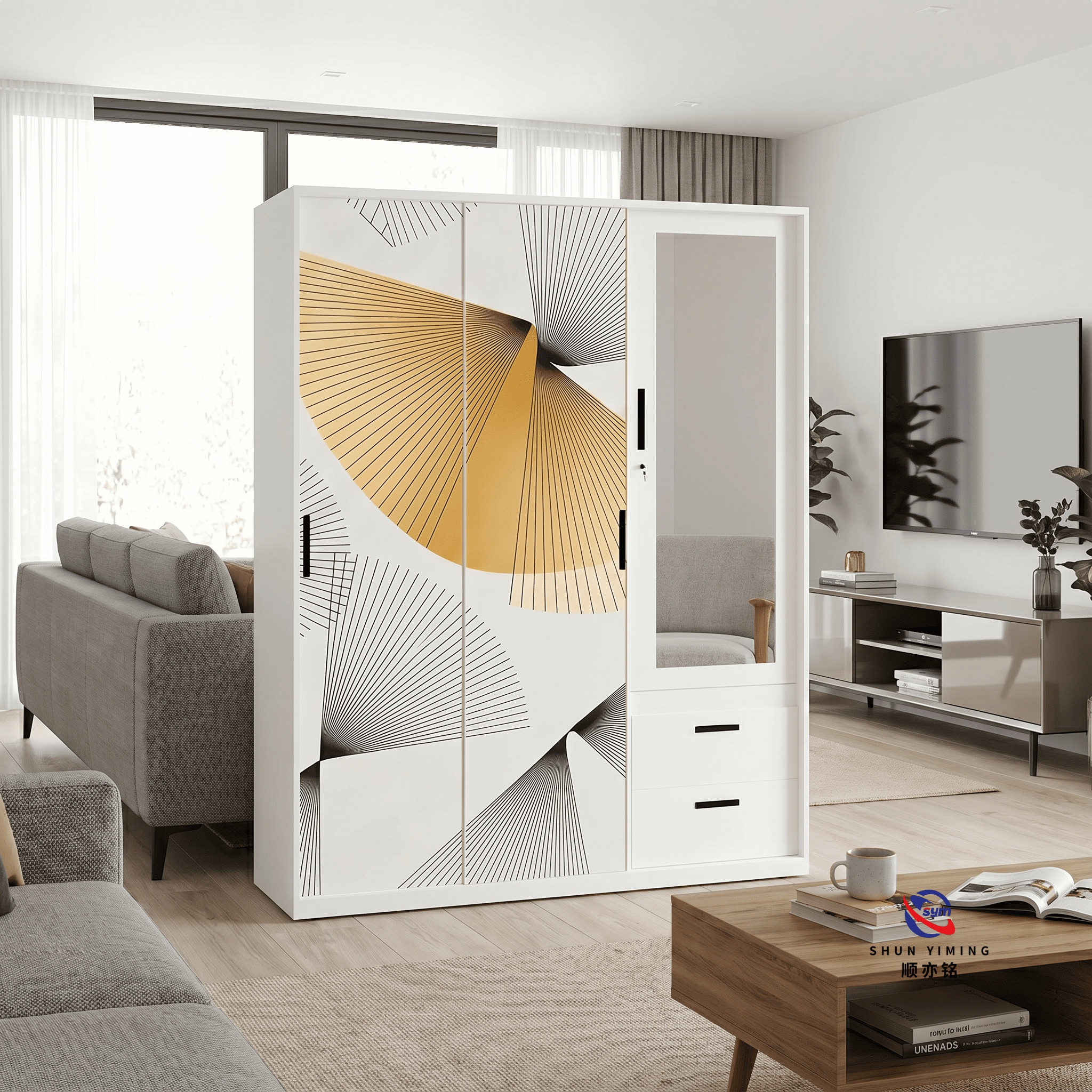 Artistic Pattern Printed Steel Wardrobe, Luxury Metal Bedroom Clothes Storage Cabinet with Anti-fade Graphic Print