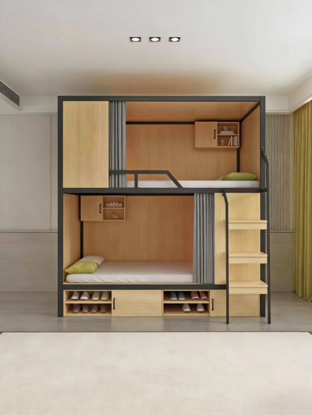 Hot Selling Customize Double Bunk Bed Sound Proof Loft Bed with Curtain Side Ladders for Dormitory Hotel Apartment Hotstel